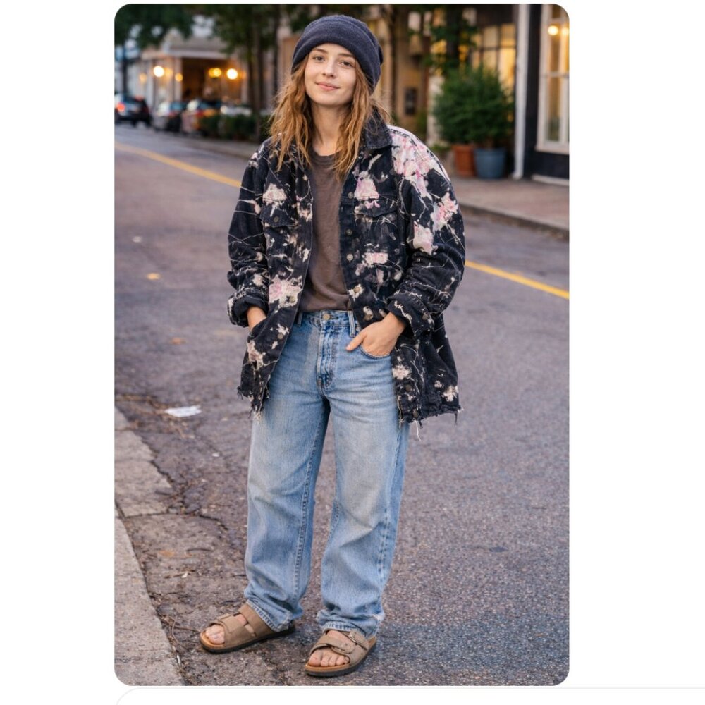 One of a Kind tie dye acid wash boomboom distressed denim jacket size medium